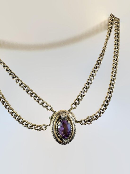 Jewelry - Vintage Necklace, Victorian Revival, Choker, Amethyst, Stone, Purple, Gold
